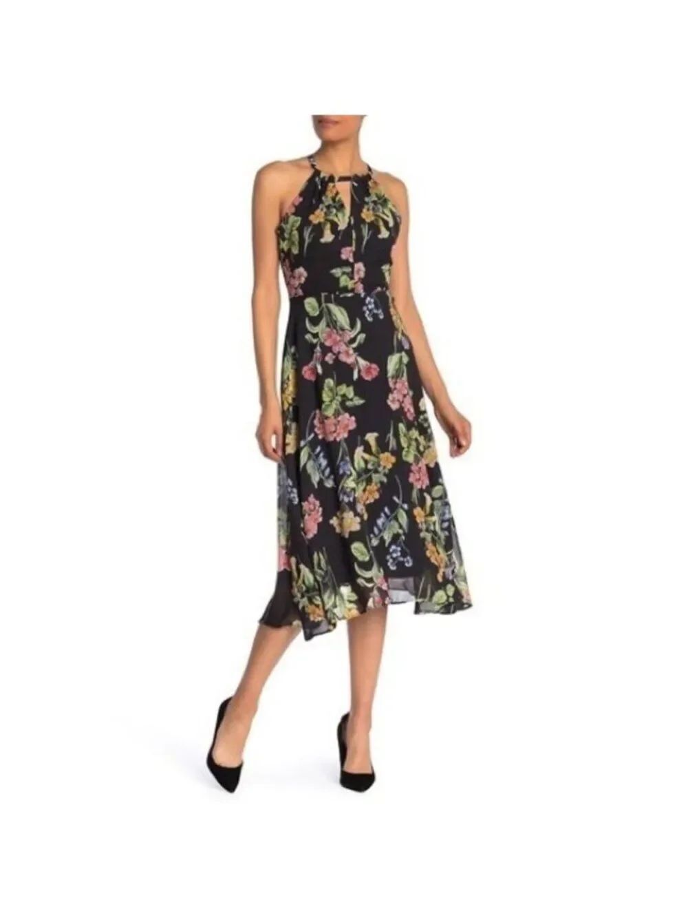 Nicole Miller Studio Black Floral Halter Chiffon Dress Size 12